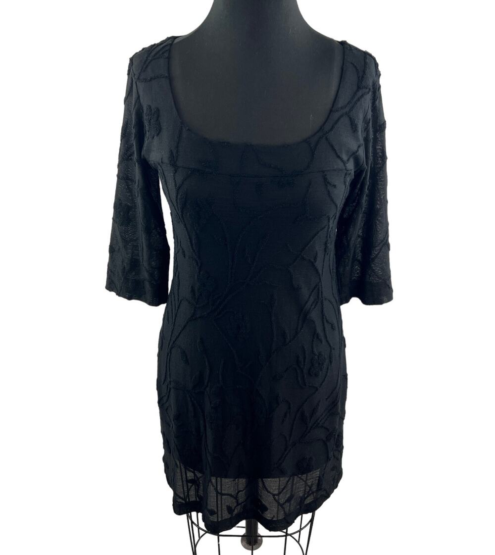 VTG Johnny Was Black Lace Shift Dress Scoop Neck Floral 3/4 Sleeve Size Small S